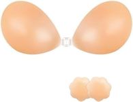 HELISHA Women's and Girls'Reusable Silicone Adhesive Stick on Bra Strapless Sticky Invisible Push up Silicone Bra for Backless Dress with Nipple Covers (34, Beige-Skin)