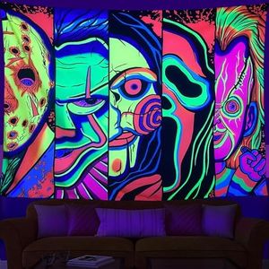 ARTCREATOR Black Light Art Halloween Wall Decor Trippy Blacklight Horror Face Tapestry, UV Reactive Tapestries Glow in The Dark Party Tapestry for Bedroom, Living Room (28" x 37")