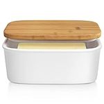 Tydi - Elegant Porcelain Butter Dish with Lid Ceramic - 16x10.5x7 cm (600ml Capacity) Butter Dishes with Lids for All Your Cooking Needs - Removable Silicone Seal - White with Bamboo Lid