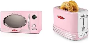 Nostalgia Retro Countertop Microwave Oven - Large 800-Watt - 0.9 cu ft - 12 Pre-Programmed Cooking Settings - Digital Clock - Kitchen Appliances - Pink & Retro Wide 2-Slice Toaster, Vintage Design