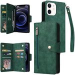 YocoverTech for iPhone 12 Case,for iPhone 12 Pro Wallet Case[6 Card Slots and 1 Zipper Coin Pocket] PU Leather Stand Flip Cover with Wrist Strap for iPhone 12/iPhone 12 Pro[6.1 inch]-Green