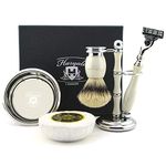 Pure Silver Tip Badger Hair Brush in Ivory Colour Set Includes Triple Edge Razor, Holder, Saving Bowl and Soap Special Edition