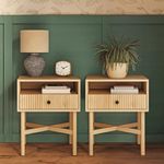 Fluted Modern Nightstand Set of 2 - Living Room and Bedroom Furniture - Small Wooden Fluted Side Table with Open Shelf Storage and Drawer - Solid Sliding Drawer and Solid Wood Legs (Natural Oak)