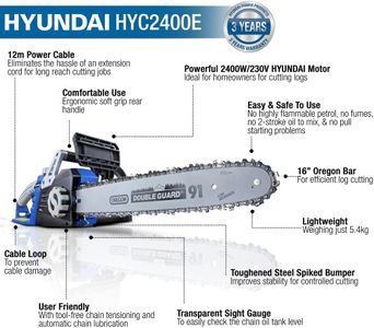Hyundai 16" Electric Chainsaw – 2400W Powerful Wood Cutter