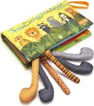 TUMAMA Baby Book Soft Cloth Book, Hanging Sensory Toy Book Soft 3D Jungle Tails, Squeaker and Crinkle Sound Bath Book Learning 0-3-6-9-12-18M Baby Gift
