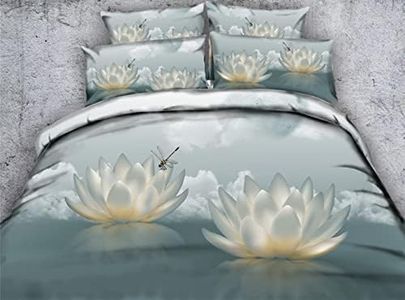 TOPBDHOMES 3D Buddha Lotus Blossom Dragonfly Print Comforter Set Queen King Size Bedding for Women Couples Home Decor Floral Bed in a Bag (JFC384, King)