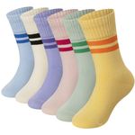 Eyean Girls Athletic Crew Socks Kids Cotton Sports Soft Breathable Casual Socks 6 Pairs, Striped D, 9-13 Years