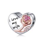 FOREVER QUEEN 925 Sterling Silver I Love My Wife Heart Love With 3D Rose Flower Charms Beads for Bracelets Necklaces Wedding Valentine's Day Mother's Day Gift Jewelry for Women