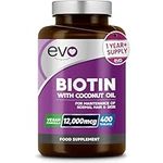 Biotin Hair Growth Supplement 12,000mcg with Coconut Oil | 400 High Strength Tablets for - 13 Month Supply Vitamin B7 Supports Normal Skin & Made in UK by EVO Nutrition