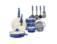 GreenLife Soft Grip Healthy Ceramic Nonstick, 16 Piece Cookware Pots and Pans Set, PFAS-Free, Dishwasher Safe, Blue