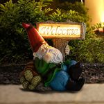 Garden Statues Outdoor Decor, Gnomes Back to Tortoise Holding Welcome Sign with LED Lights, Waterproof Solar Figurine Lights Decoration for Patio, Lawn, Yard Ornament or Gifts (Gnome)