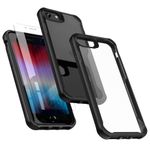 ORETECH Clear Case for iPhone SE 2022,iPhone SE 2020 Case with Screen Protector Tempered Glass,Shockproof Hard PC Back Soft TPU Sides Bumper iPhone SE 3 Case for iPhone SE 2020/7/8 Case- Black