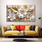 The Castle Decor-3D Gold White flowers Art Set of 5 Big Size (27x48") Multiple Frames Wall Art Painting for living room,Bedroom,Drawing room,Hotels-Wooden Framed-Digital Painting