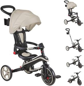 Globber Foldable Explorer Trike and Balance Bike 4 in 1 with Adjustable Canopy - Parental Steering Handle - Cup and Phone Holder - Safety Harness - 10 Months to 5 Years - 2 Year Warranty (Taupe)