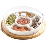 yarlung Ceramic Divided Serving Dishes Platter with Clear Lid, 11 Inch Bamboo Appetizer Tray with Handles 5 Removable Snacks Bowls Relish Tray for Candy and Nut, Chips and Dips, Veggies