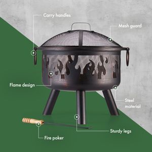 VonHaus Portable Fire Pit – Black Bronzed Steel, Mesh Guard & Poker