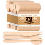 Biodegradable Disposable Wooden Cutlery Utensils – (Pack of 275) 110 Forks 55 Knives 110 Spoons 5.5-inch Set Eco-Friendly Compostable and Disposable Silverware Kit Party Supplies Events