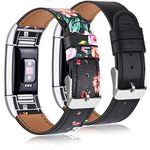 Tobfit Leather Band Compatible with Fitbit Charge 2 Bands, Adjustable Top Grain Leather Wristband Replacement for Fitbit Charge 2 Smart Watch Heart Rate Fitness Wristband (2 Pack(Black+Floral Red))