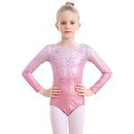 Monbessi Gymnastics Leotards for Girls Long Sleeve Sparkle Leotard Dancing Ballet Round Neck Gymnastics Outfits 5-12 Years (110 (105-115cm, 5-6 years), Pink)