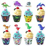 48 Pieces Dinosaur Cupcake Toppers and Wrappers, Cartoon Dino for Boys Girls Kids Birthday Party Baby Shower Jurassic Park Themed Party Supplies Cake Topper Decorations Table Decor