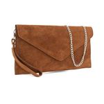 LeahWard Wrist Strap Genuine Italian Suede Leather Envelope Clutch Bags Party Wedding Purse Handbag Cross Body Bag CW01 (Camel)