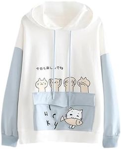 Kawaii Hoodie Cute Cat Kitty Meow Women Long Sleeve Top Japanese Sweatshirt Pullover Girl Sweater Anime Jumper Fall Winter, Blue, Medium
