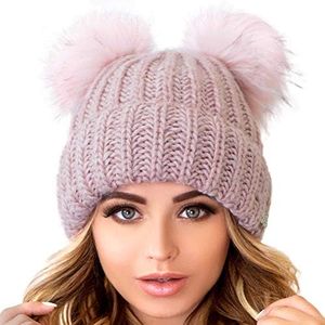 Braxton Beanie Women - 2 Pom Cable Knit Winter Warm Fleece Hat - Wool Snow Cuff Pink Ski Cap