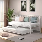 Giantex Twin Daybed and Trundle, Trundle Bed w/ 4 Casters and Metal Slat Support, Easy Assembly, Platform Bed Sofa w/Roll Out Trundle for Living Room Guest Room Children Room (White)