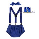 Baby Boy 1/2 Birthday Cake Smash Outfit Diaper Cover+Suspenders+Bow Tie+Crown Gentlemen Boys Suits Half Way To One Birthday Gift Baby Shower Newborn Photography Clothes Set Royal blue 6-12 Months