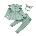 Derouetkia Infant Baby Girl Clothes Toddler Girl Ruffle Tops Long Sleeve Pants with Headband Outfit Set, Light Green, 12-18 Months
