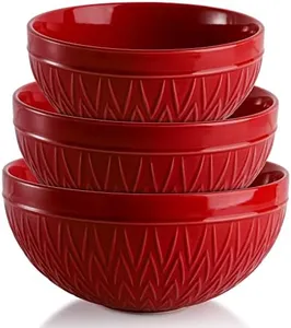 AVLA Porcelain Mixing Bowls for Kitchen, 3/1.8/1.2 Qt Ceramic Large Serving Salad Soup Bowl Set, Deep Nesting Bowl for Space Saving, 3-Piece Set, Microwave and Dishwasher Safe, Red