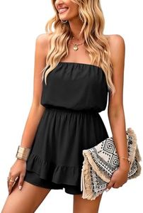 ECOWISH Women Off Shoulder Romper Strapless Floral Print Striped Beach Shorts Jumpsuit 497Black Large