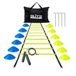 Elite Athletics Speed Agility Ladder Training Set, 12 Rung 20ft Agility Ladder, 12 Cones, Jump Rope, 4 Steel Stakes & Carrying Bag to Improve Speed, Agility, Footwork: Blue, Green, Red Yellow (Green)