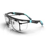 DEX FIT Safety Over Glasses SG210 OTG; Fit Over Your Eyewear, Z87 Eye Protection, Fog & Scratch Resistant, Adjustable for Women & Men, UV Protective (Black & Blue Frame, Clear Lens)