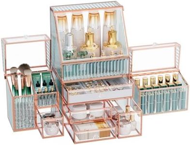 Youdepot Luxurious Tempered Glass Vanity Makeup Organizer Stackable Cosmetic Storage Organizer for Bathroom Countertop Skincare Jewelry Lipstick Perfume and Makeup Brushes Organizer