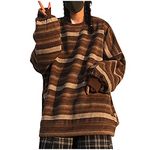 OUMSHBI Knitted Sweater Women Fashion Striped Printed Sweaters Long Sleeve Crew Neck Vintage Pullover Oversized Jumper Tops Plus Size Loose Sweatshirt Y2K Sweater for Women Coffee