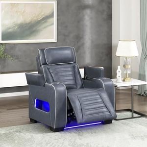 Lexicon Power Recliner Chair-with Heat/Massage/Headrest/Storage Arms/Cup Holders/LED Lights and Charging Ports, Top Grain Leather Match Wall Hugger Power Reclining Chair for Adults, Blue