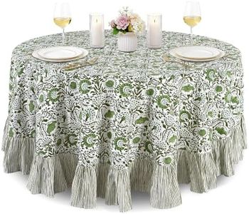 CPC Agate Green Block Print Ruffle Round Table Cloth 132 Inch Round