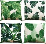 BINXWA Set of 4 Cushion Covers 45 x 45 cm, Tropical Plants Theme Decorative Cushion Cover, Cotton Linen Cushion Cover, Sofa Cushion Cover, Outdoor Garden Decoration