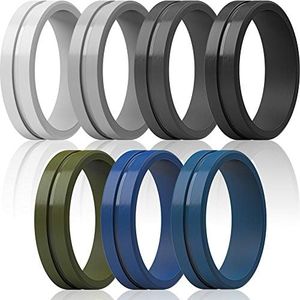 ThunderFit Silicone Wedding Rings For Men, Beveled Brushed Top Edges 6.35mm Wide 2mm Thick - 1/4/7 Variety Multipack, 9.5 - 10 (19.8mm), Silicone, No Gemstone