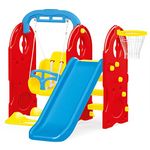 Dolu – 4 in 1 Playground – Indoor & Outdoor Red Blue and Yellow Frame with Basketball, Slide and Swing for Kids (H124 x L156 x W123cm)