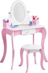 Girls Vanity Set with Mirror and Stool, 2-in-1 Top Removable Rotatable Mirror and Written Board Wooden Princess Vanity Table with Drawer, Makeup Vanity Dressing Table Set for Kids Gifts (Pink)