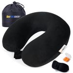 SAIREIDER Travel Neck Pillow for Airplane Sleeping 100% Memory Foam Adjustable Travel Pillows with Storage Bag, Sleep Mask and Earplugs-Prevent The Heads from Falling Forward-Black