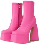 Uacllcau Platform Boots for Women Mid Calf Boots Square Toe Chunky High Heel Boots Side Zipper Ankle Booties, Rose Red, 8