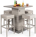 Best Choice Products 5-Piece Outdoor Wicker Bar Table Set for Patio, Poolside, Backyard w/Built-in Bottle Opener, Hidden Storage Shelf, Metal Tabletop, 4 Stools - Gray