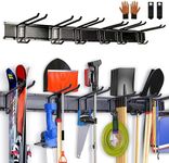 Garden Tool Organizer - 11 Pcs Tool Storage Rack Wall Mount - Heavy Duty Garage Organization Hold Up to 350 lbs - with 6 Double Layer Wall Hooks and 16"x3 Rails (48 inch total), Glove & Straps Black