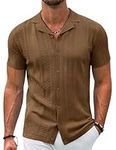 COOFANDY Beach Shirts for Men Vintage Knit Casual Button Down Shirt Short Sleeve Summer Holiday Clothes Brown