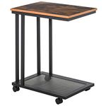 homcom C Shaped Side Table with Wheels, Mobile End Table, Laptop Stand with Metal Frame and Storage Shelf, Rustic Brown