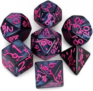 CiaraQ DND Polyhedral Dice Set with Dice Bag for Dungeons and Dragons RPG MTG Role Playing Table Games (Black dice + Pink Plum Blossom Pattern)
