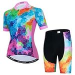 Womens Cycling Jersey Set, Summer Short Sleeve Ladies Mountain Bike Shirt and Shorts Kit MTB Suit Bicycle Clothes, T2000-1, Small